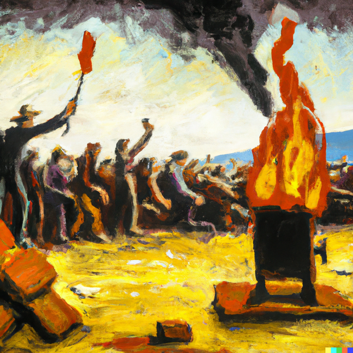 DALL·E 2022-12-03 13.04.01 - an oil painting portraying demonstrator setting a bank on fire in Lebanon
